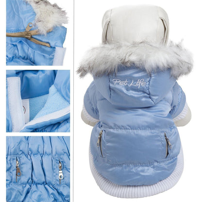 Blue pet coat with white fur hood and 'Pet Life' branding, shown from multiple angles.