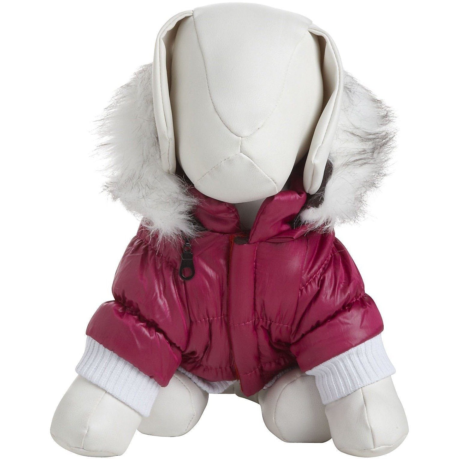 Pink snowsuit with white fur hood on a mannequin against a white background