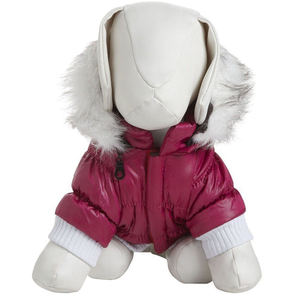 Pink snowsuit with white fur hood on a mannequin against a white background