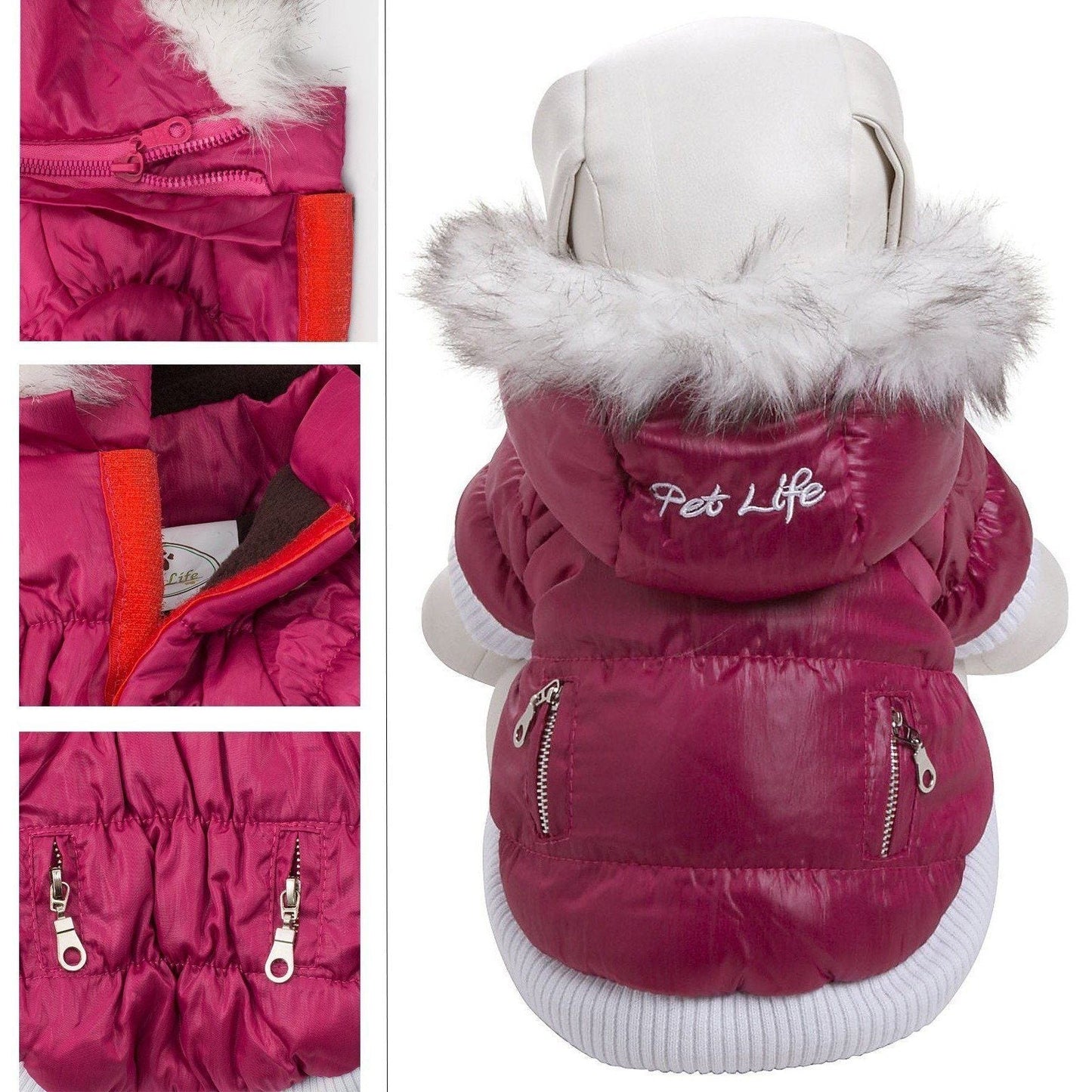 Pink dog coat with white fur hood and visible 'Pet Life' branding on a white background.