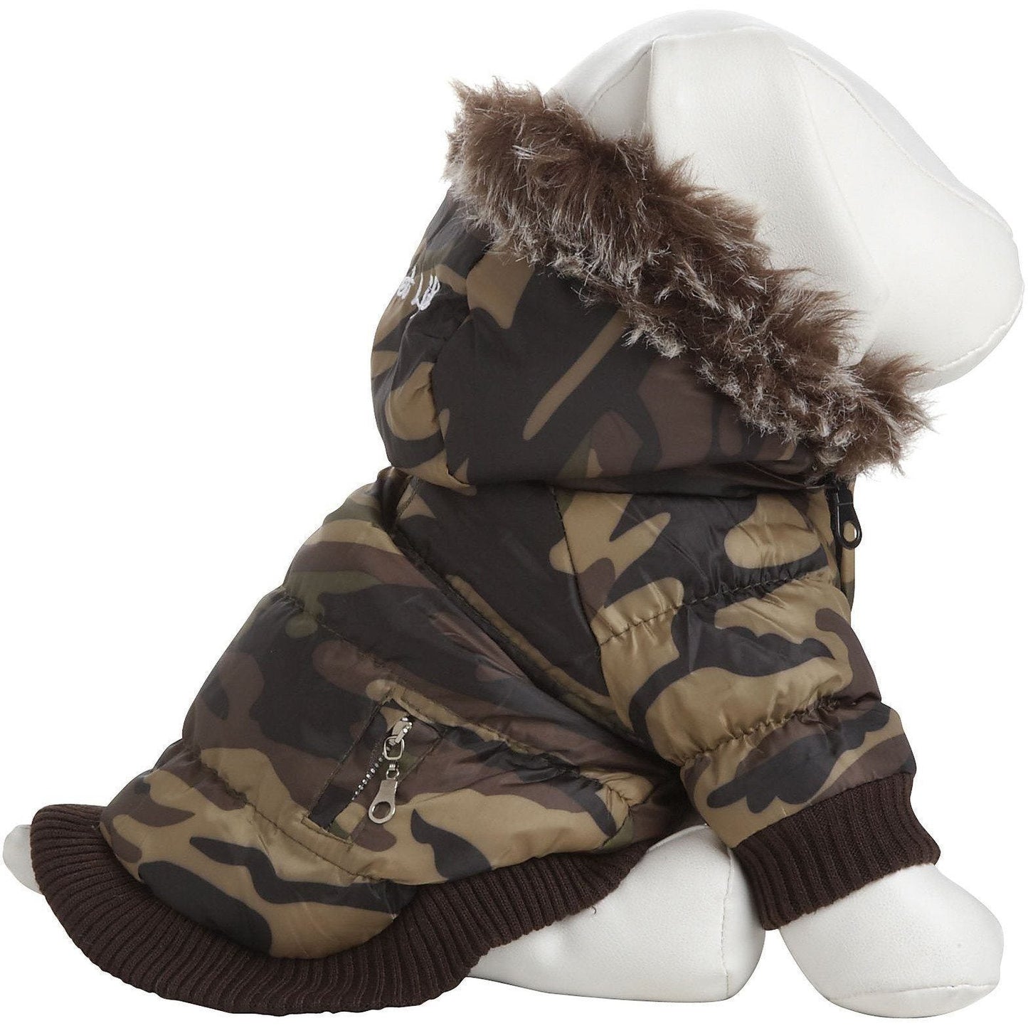 Camouflage dog coat with fur-lined hood on a mannequin against a white background