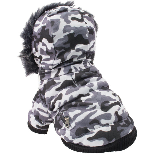 Camouflage-patterned dog coat with fur hood on a white background