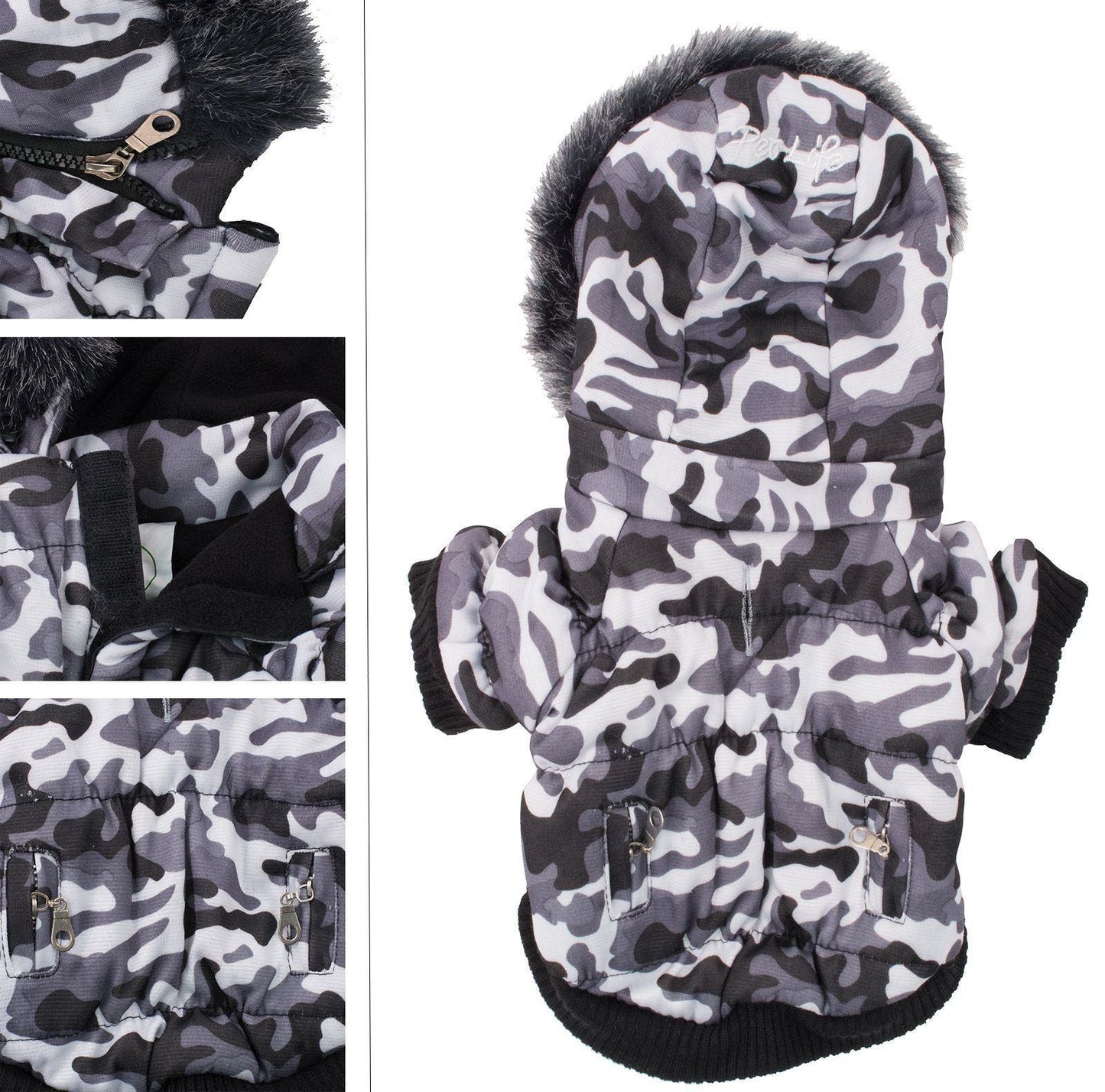 Camouflage-patterned pet coat with black fur trim on a white background