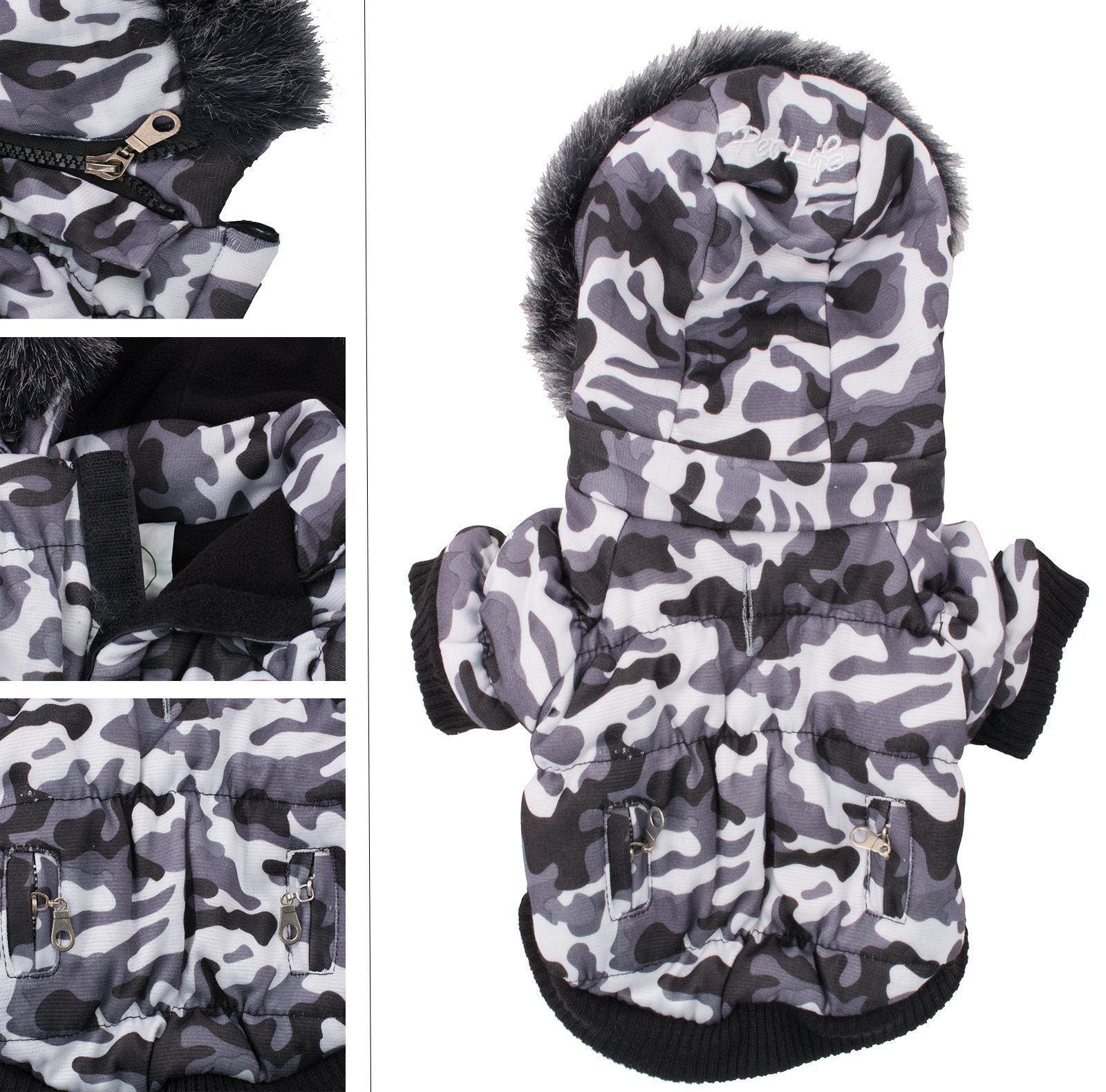 Camouflage-patterned pet coat with black fur trim on a white background
