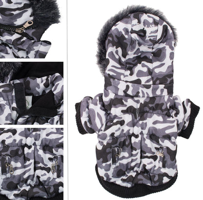 Camouflage-patterned pet coat with black fur trim on a white background