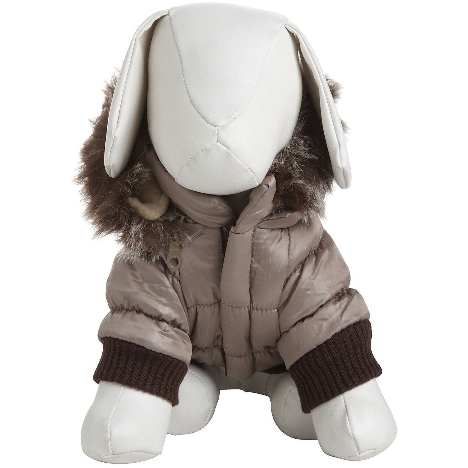 Stuffed toy with a beige puffer jacket and bunny ears on a white background