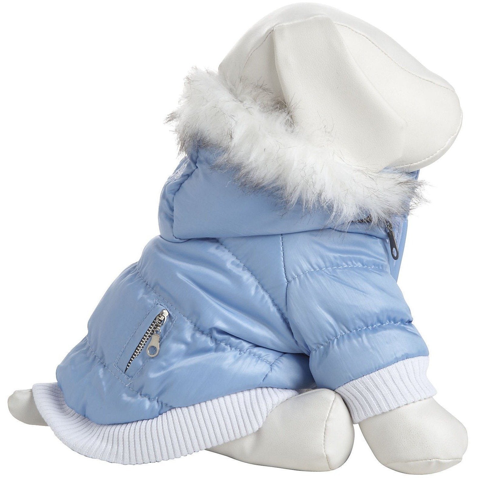 Blue dog coat with white fur trim on a white background
