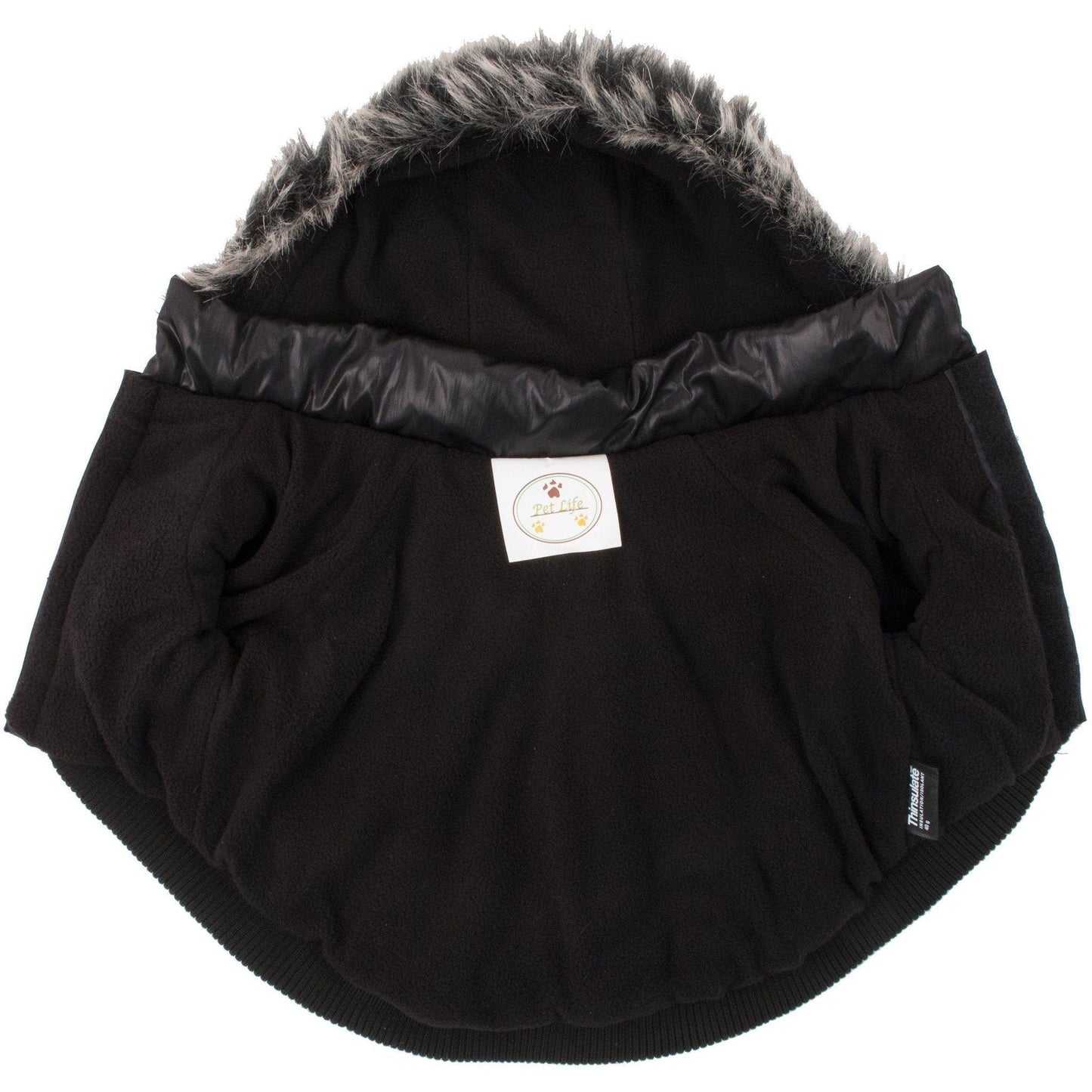 Black pet carrier with fur-lined hood on a white background