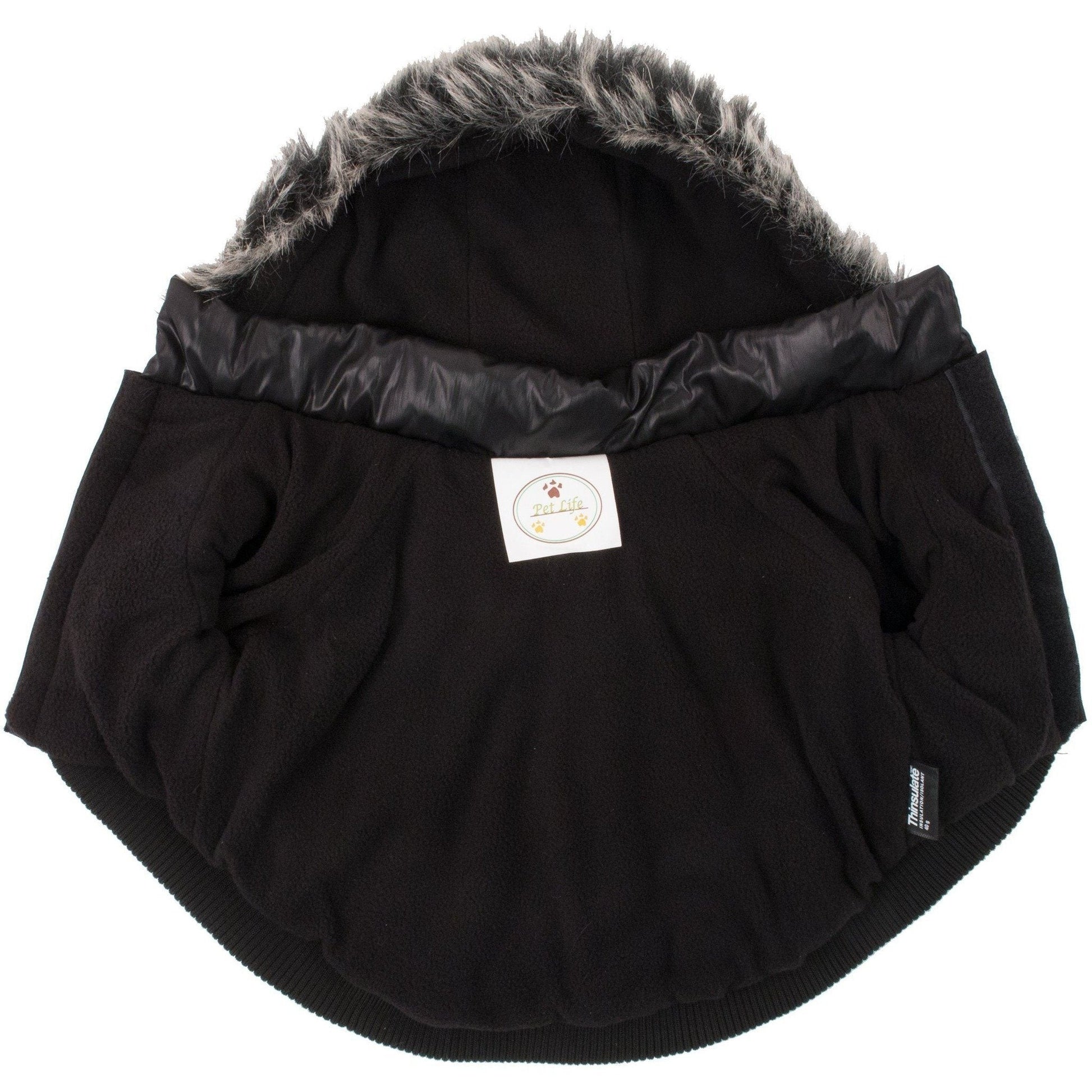 Black pet carrier with fur-lined hood on a white background