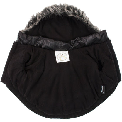 Black pet carrier with fur-lined hood on a white background