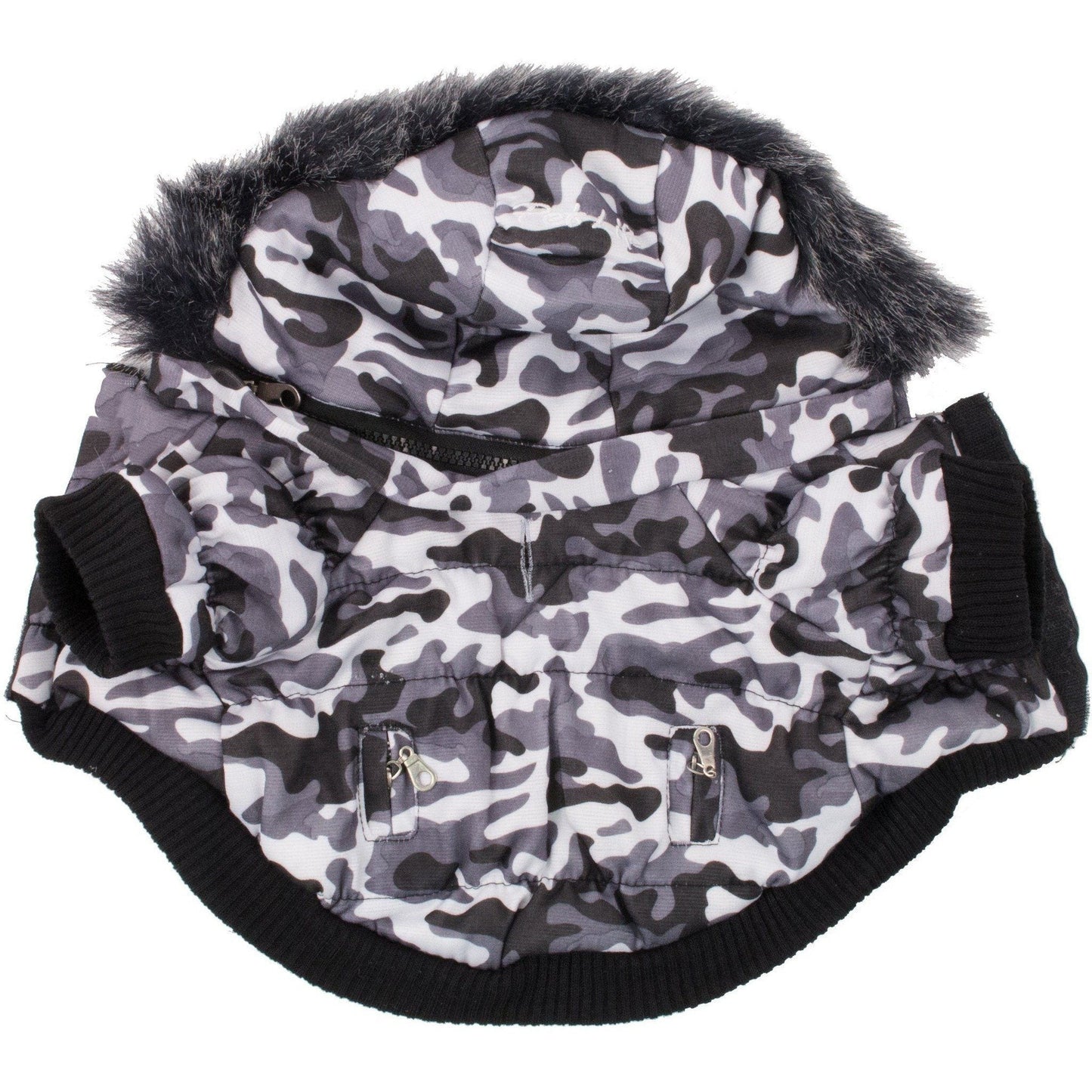 Camouflage-patterned dog coat with fur-lined hood on a white background