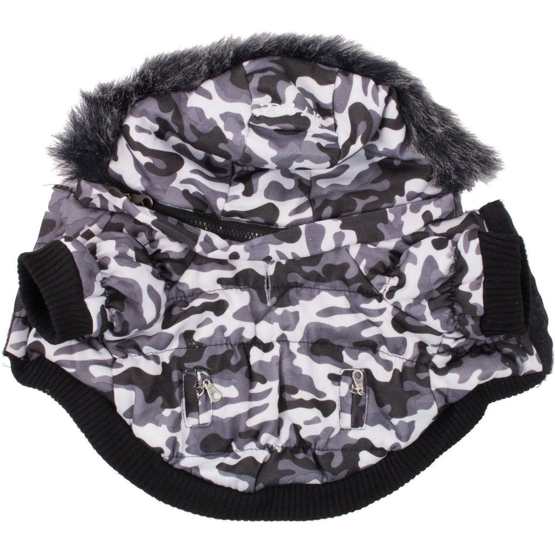 Camouflage-patterned dog coat with fur-lined hood on a white background