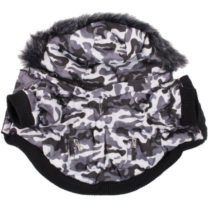Camouflage-patterned dog coat with fur-lined hood on a white background