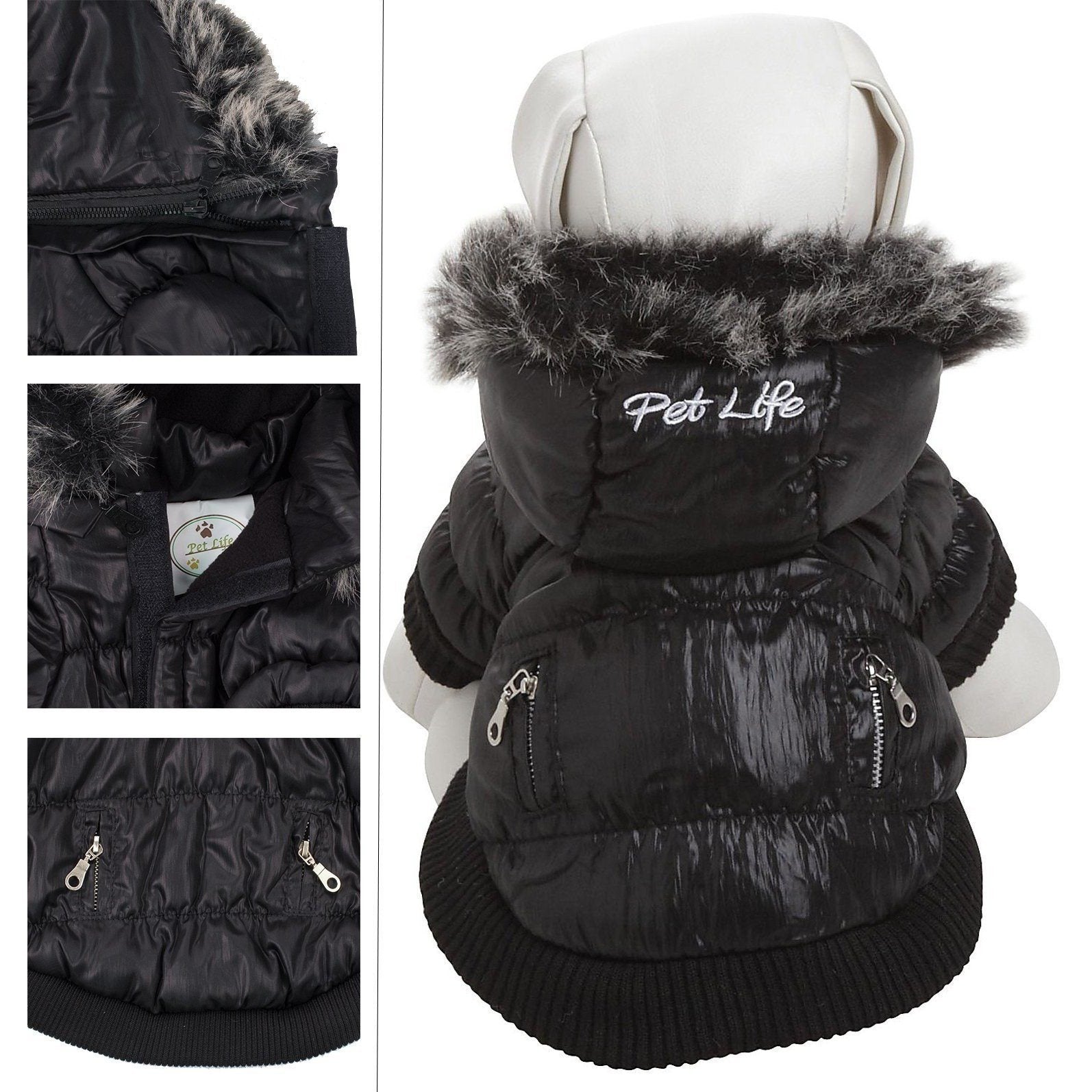 Black pet coat with fur hood and 'Pet Life' branding, shown from multiple angles.