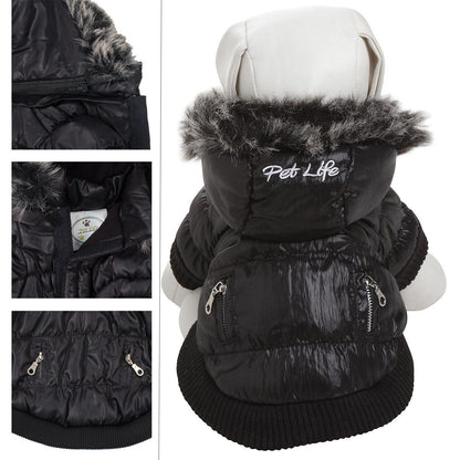 Black pet coat with fur hood and 'Pet Life' branding, shown from multiple angles.