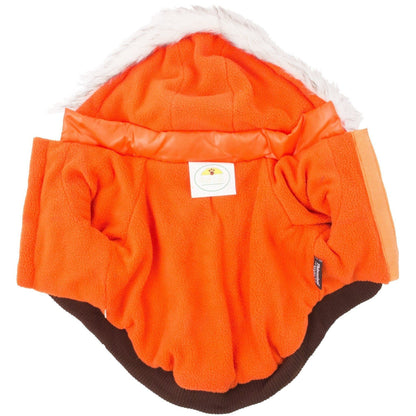 Orange fleece dog coat with a white hood on a white background