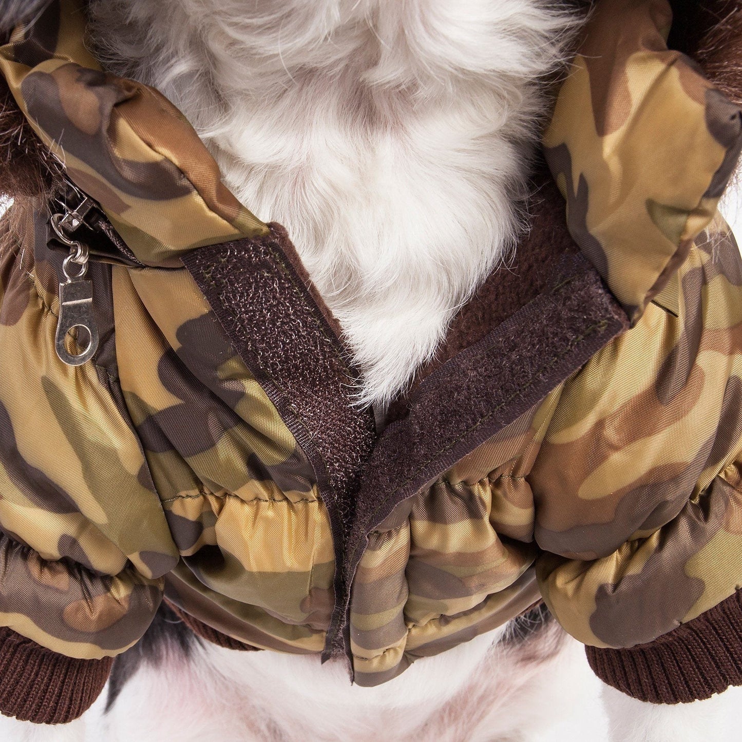 Camouflage-patterned dog coat with a white fur background