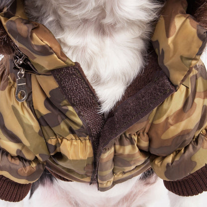Camouflage-patterned dog coat with a white fur background