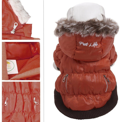 Red pet coat with fur hood on a white background, featuring 'Pet Life' branding.