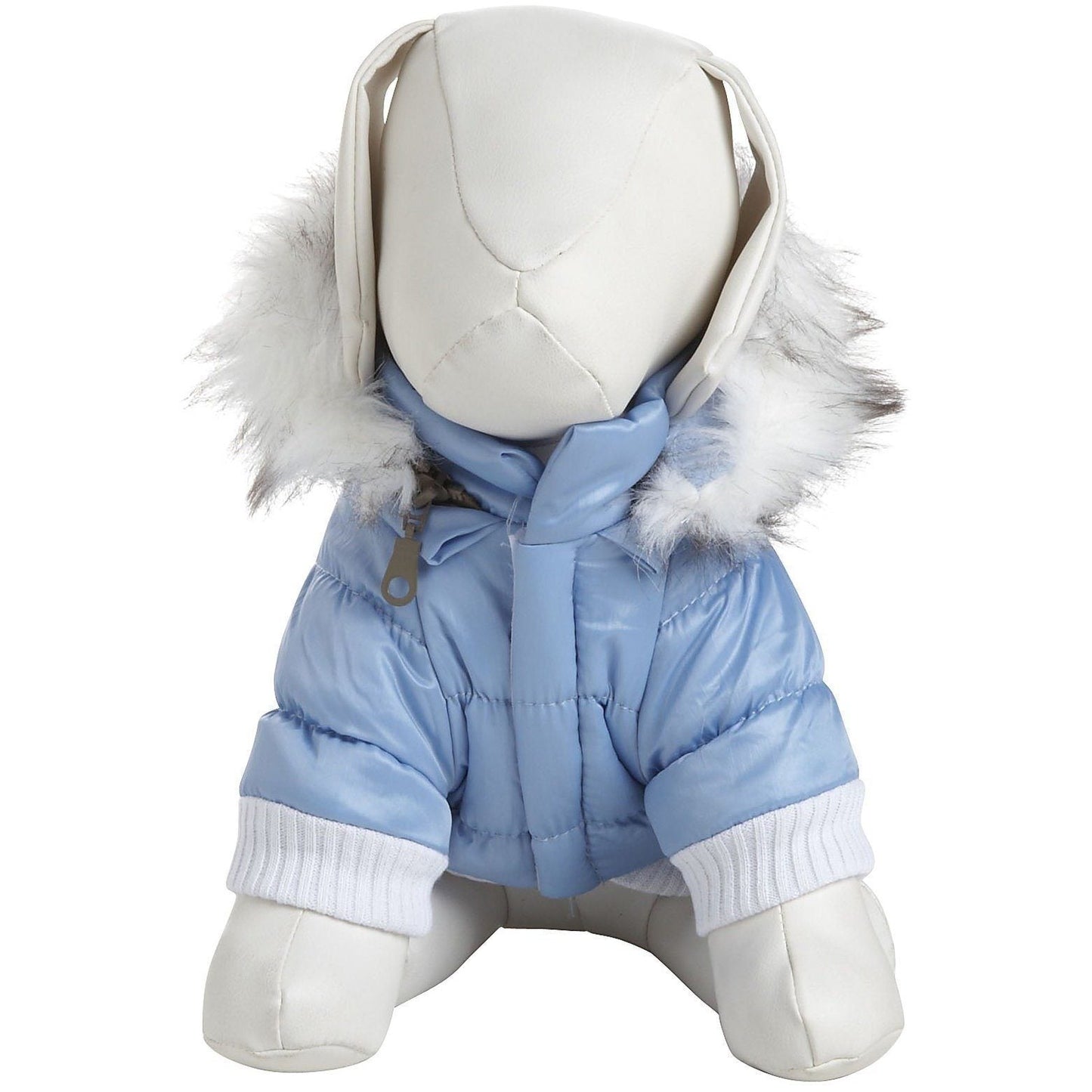 Stuffed animal in a blue winter outfit with a white hood on a white background