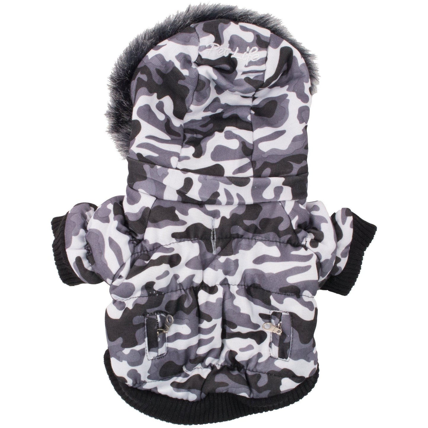 Camouflage-patterned dog coat with fur hood on a white background