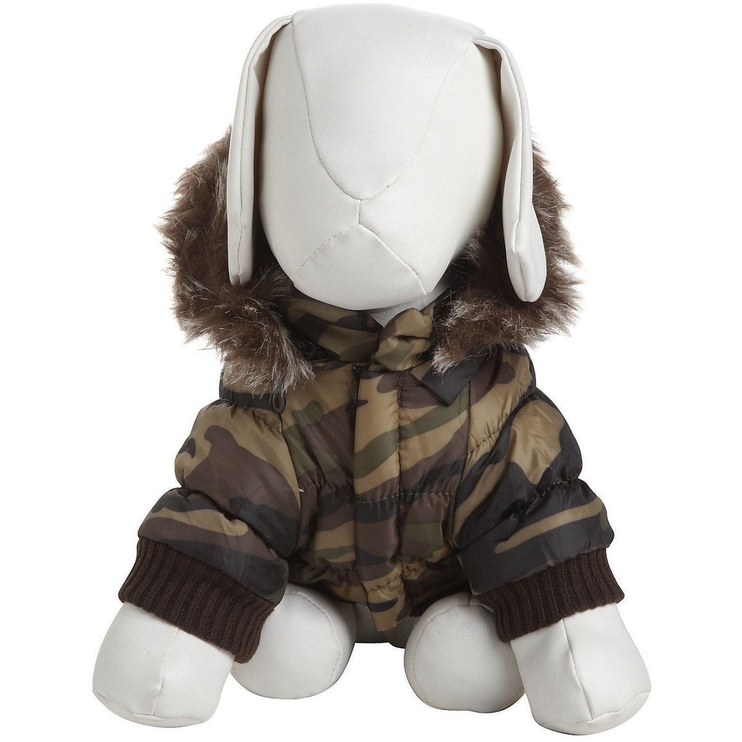 Toy figure of a rabbit in a camouflage outfit on a white background
