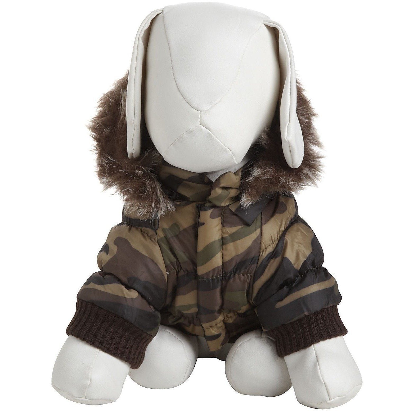 Toy figure of a rabbit in a camouflage outfit on a white background
