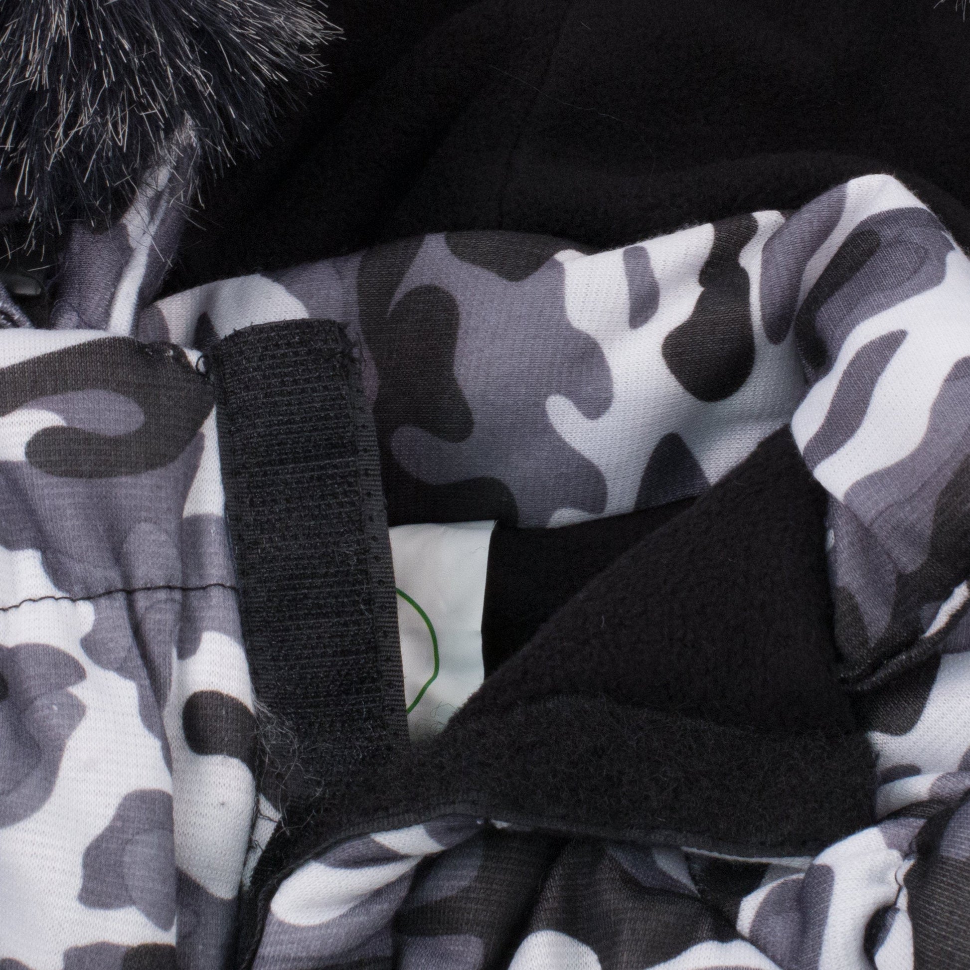 Close-up of a camouflage-patterned fabric with black straps