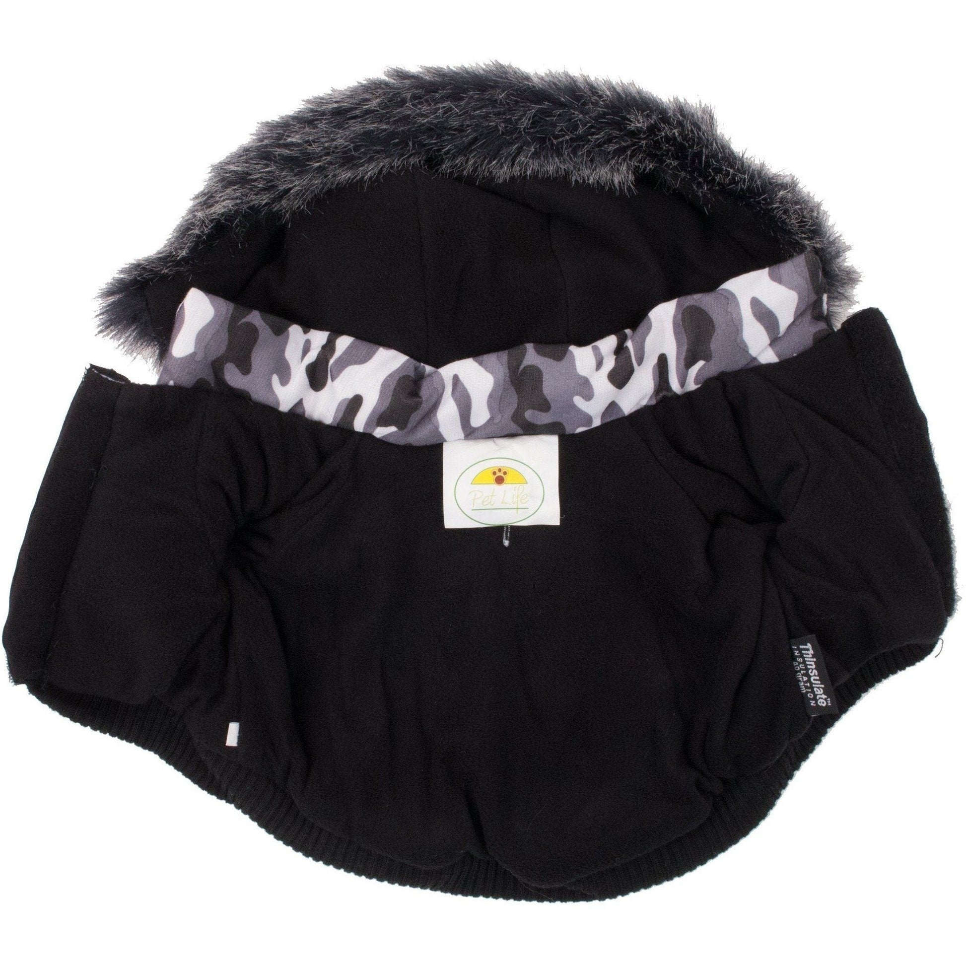Black pet coat with gray fur hood and camouflage trim on a white background