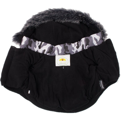 Black pet coat with gray fur hood and camouflage trim on a white background