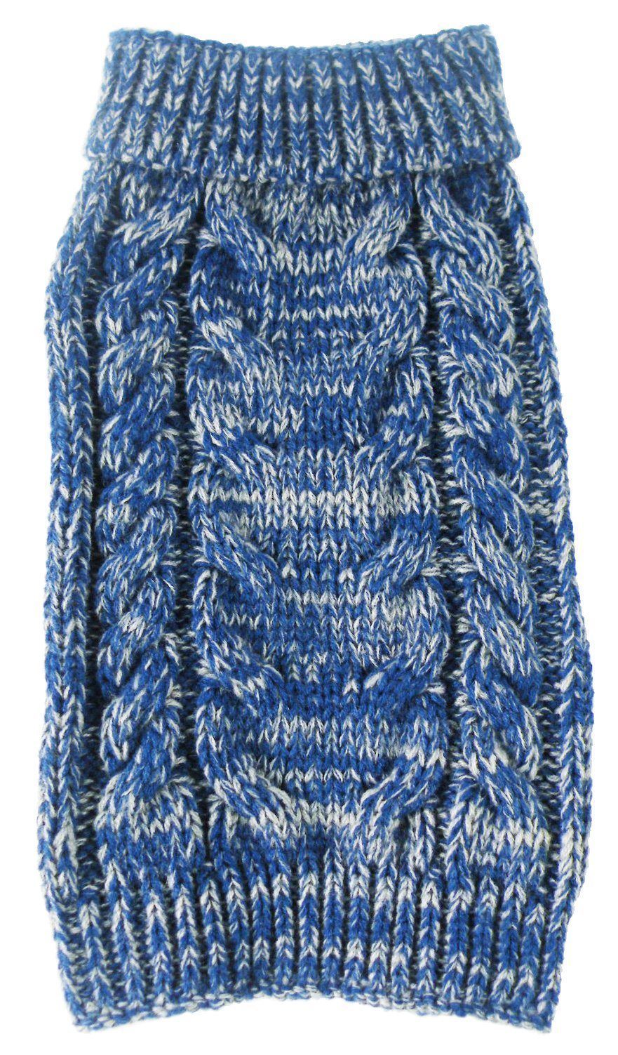 Blue and white knitted dog sweater on a white background
