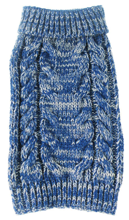 Blue and white knitted dog sweater on a white background