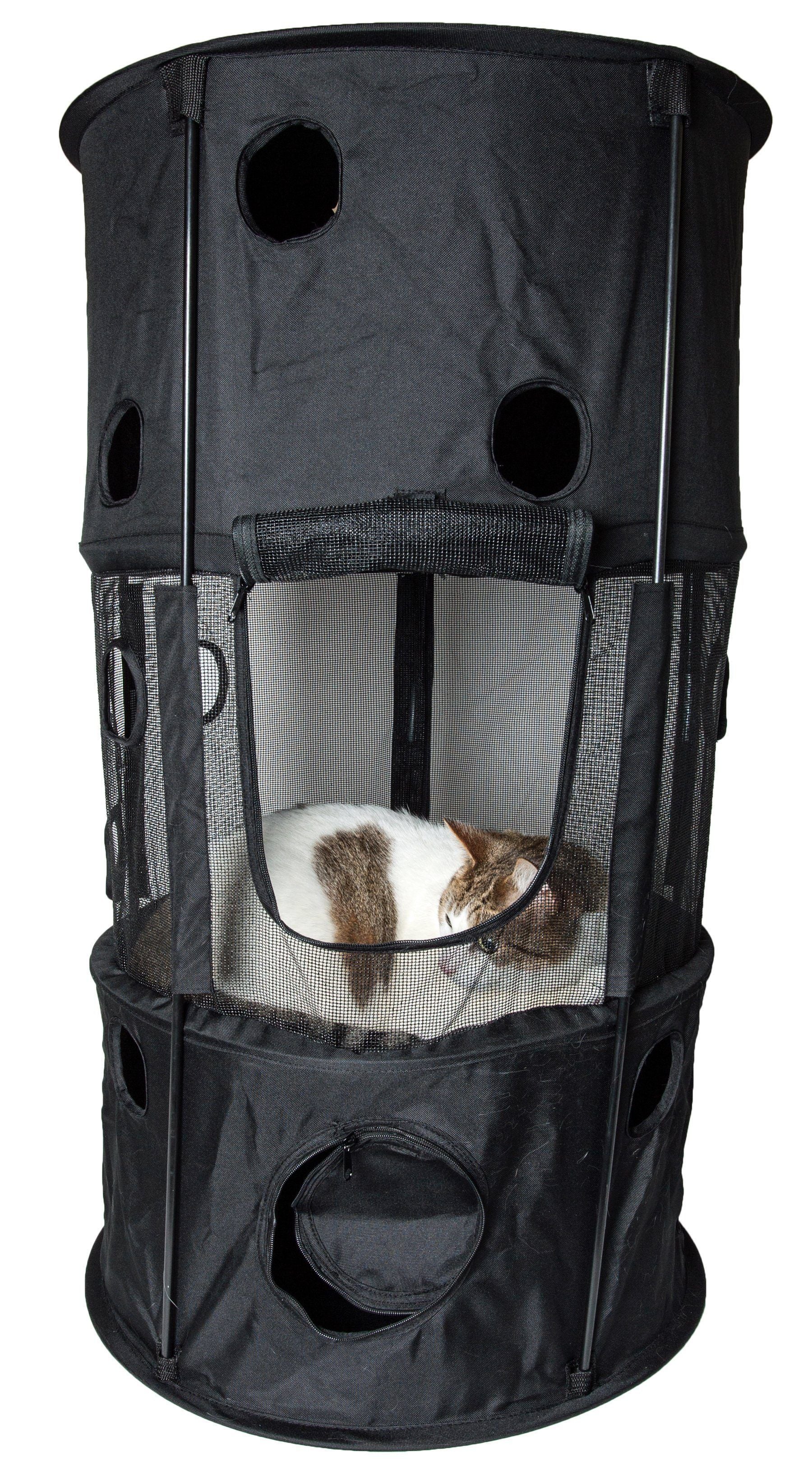 Black pet playpen with a cat inside on a white background