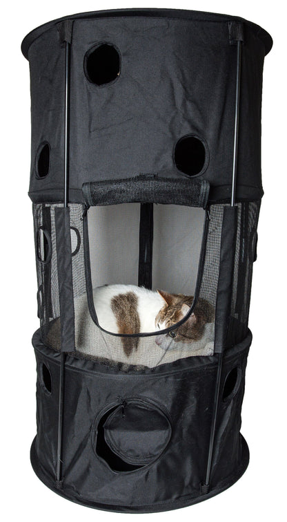 Black pet playpen with a cat inside on a white background