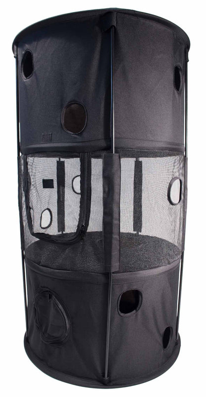 Black pet playpen with mesh sides on a white background