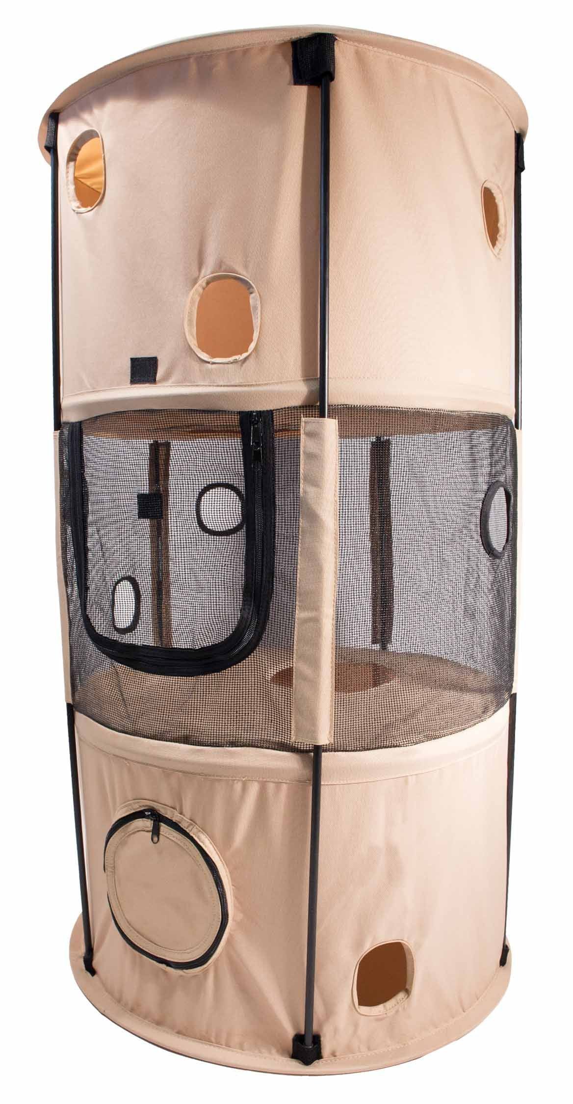 Cat playpen with beige and brown design on a white background