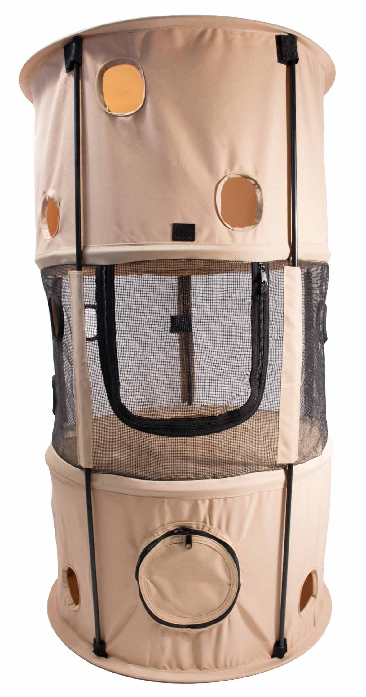 Beige insect cage with mesh door on a white background