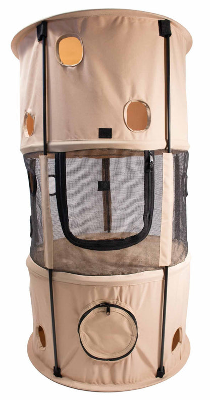 Beige insect cage with mesh door on a white background