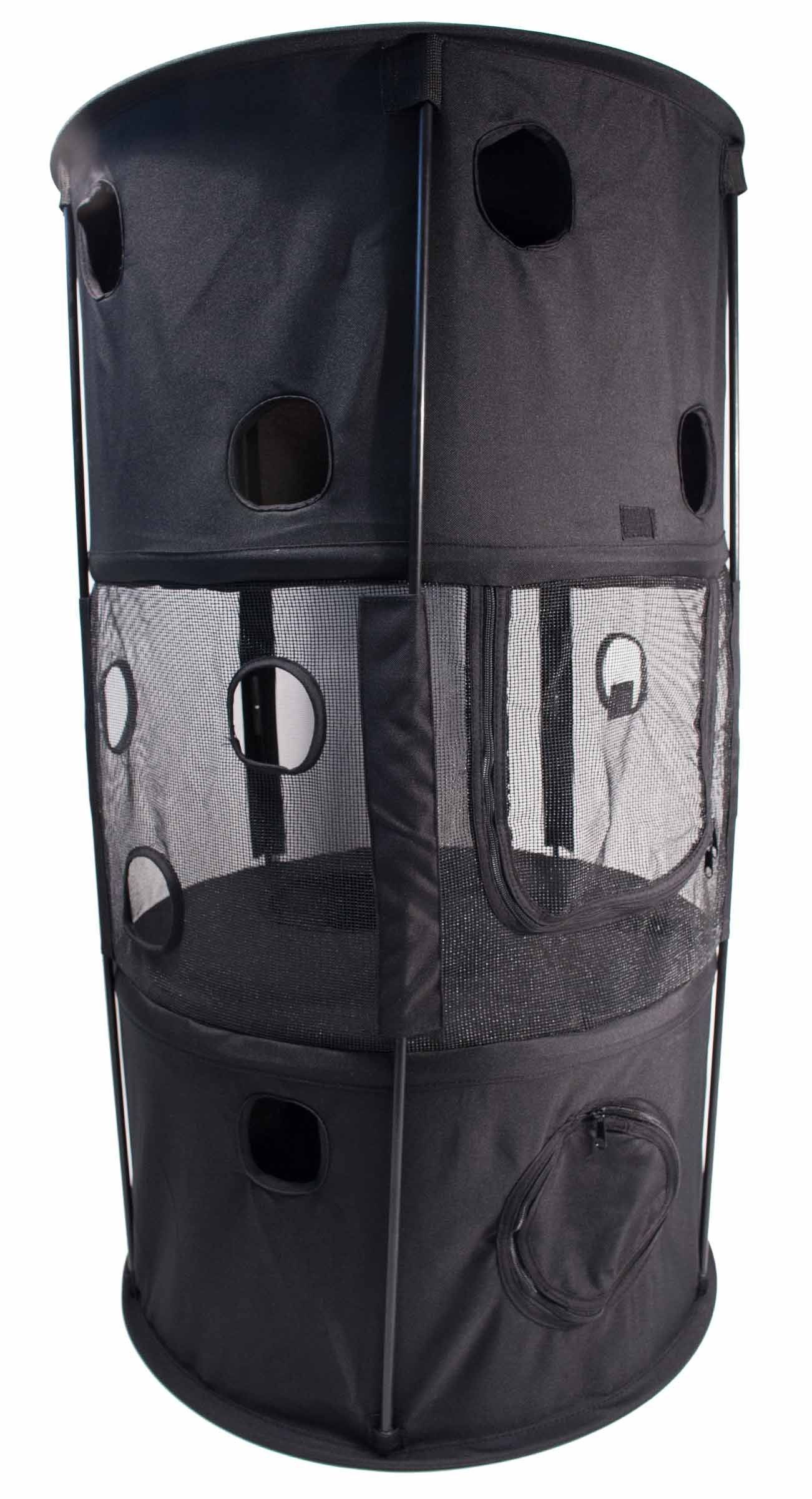 Black pet playpen with mesh sides on a white background