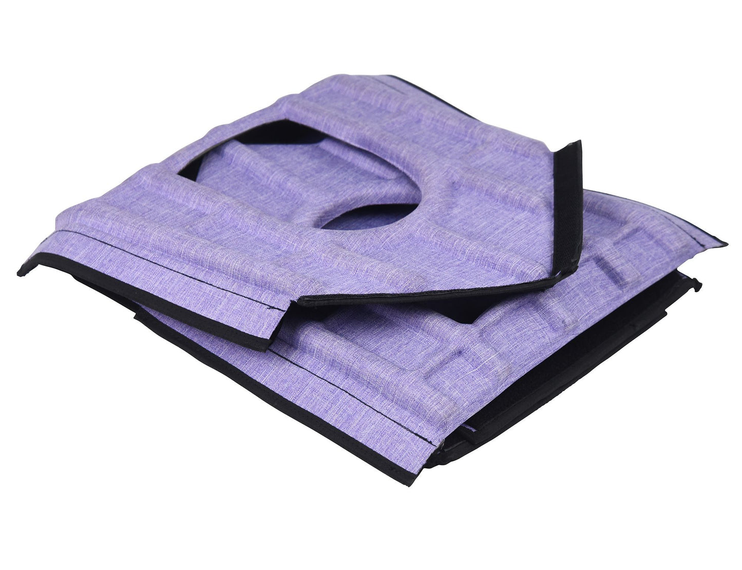 Purple and black protective pads on a white background