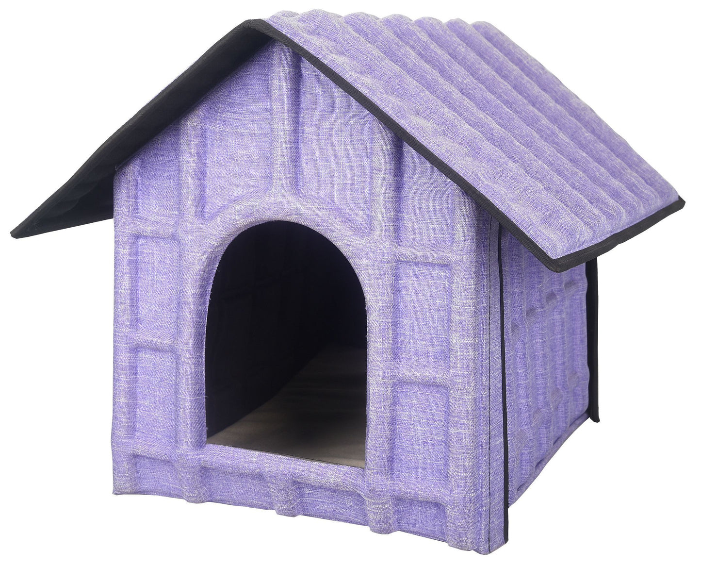Purple pet house with a checkered pattern on a white background