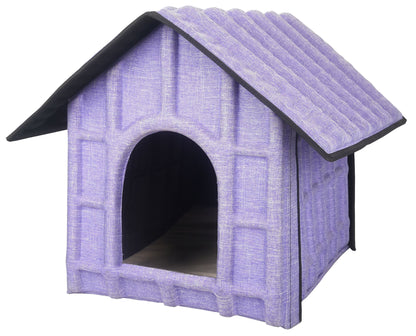 Purple pet house with a checkered pattern on a white background