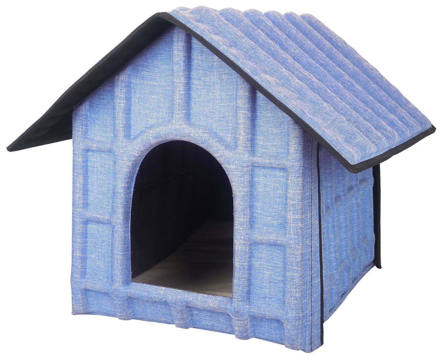 Blue checkered pet house with a black roof on a white background