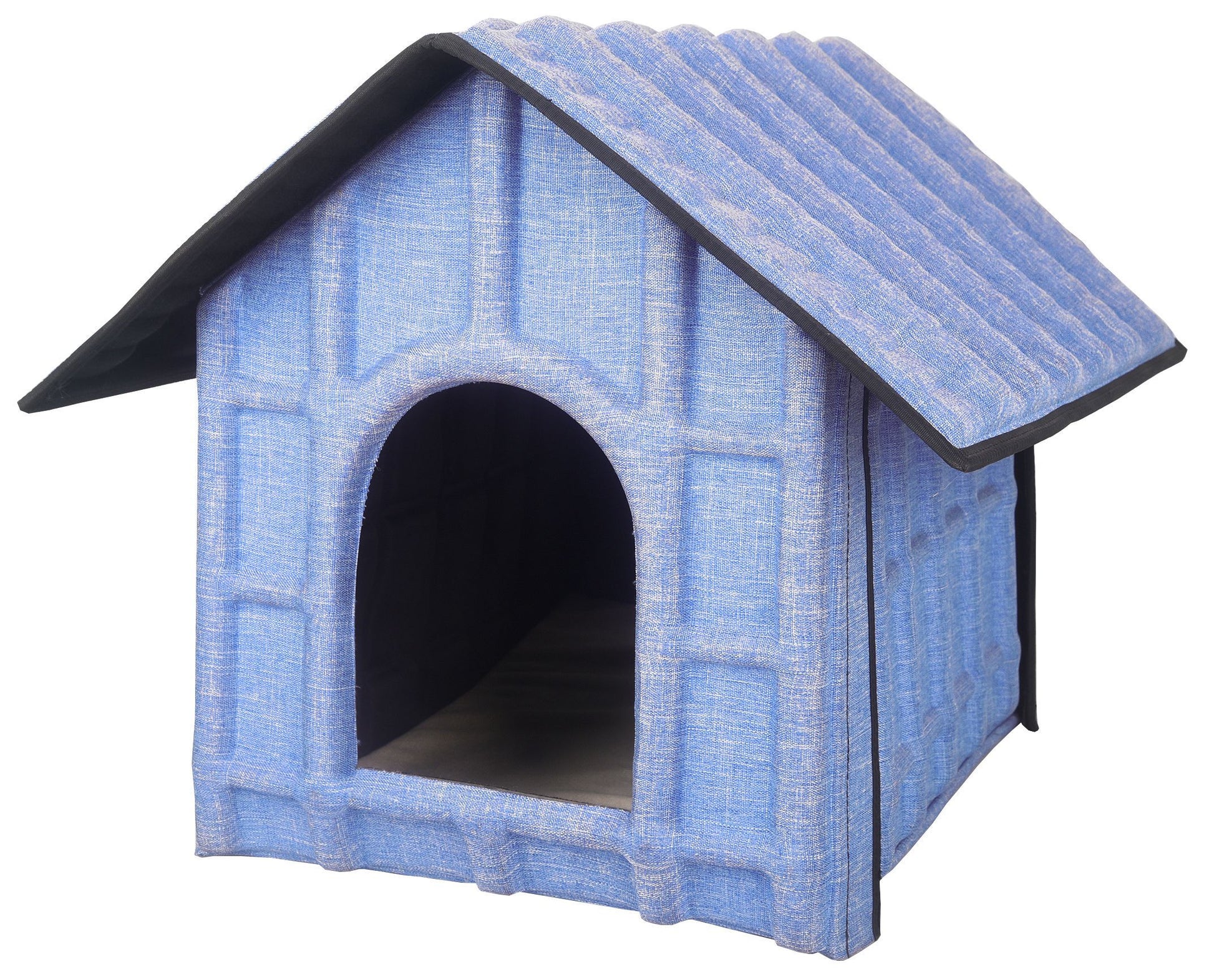 Blue checkered pet house with a black roof on a white background