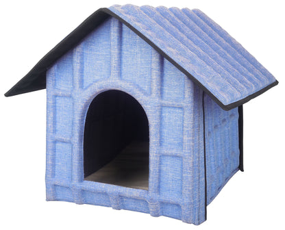 Blue checkered pet house with a black roof on a white background