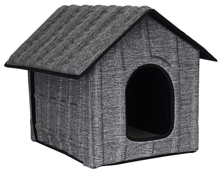 Gray pet house with a dark roof on a white background