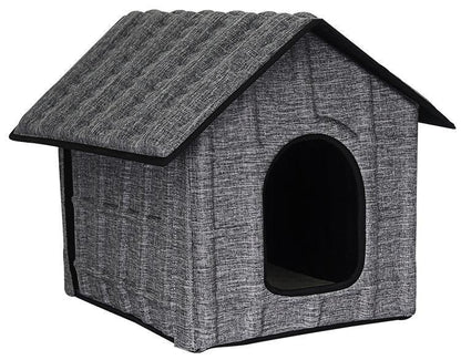 Gray pet house with a dark roof on a white background