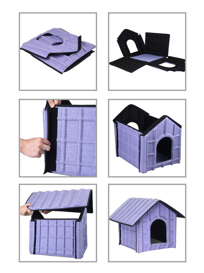 Step-by-step assembly of a purple pet house with a hand holding the components.