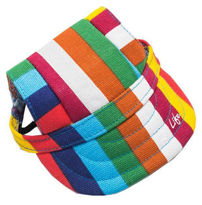 Colorful striped dog collar with a brand logo on a white background