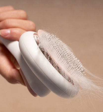 Person using a hair removal brush with hair collected on it against a beige background